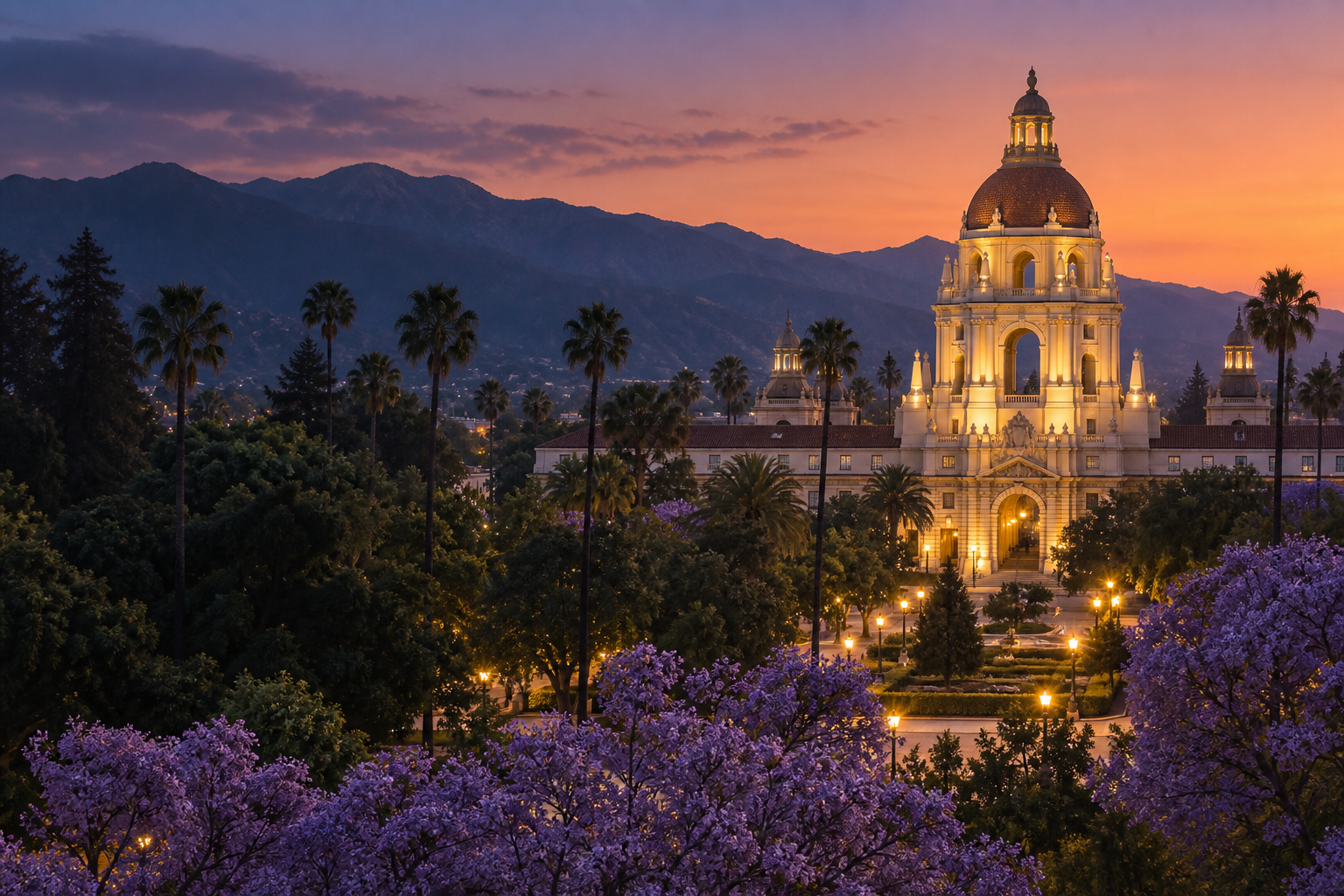 Editorial illustration of Pasadena City Hall at twilight